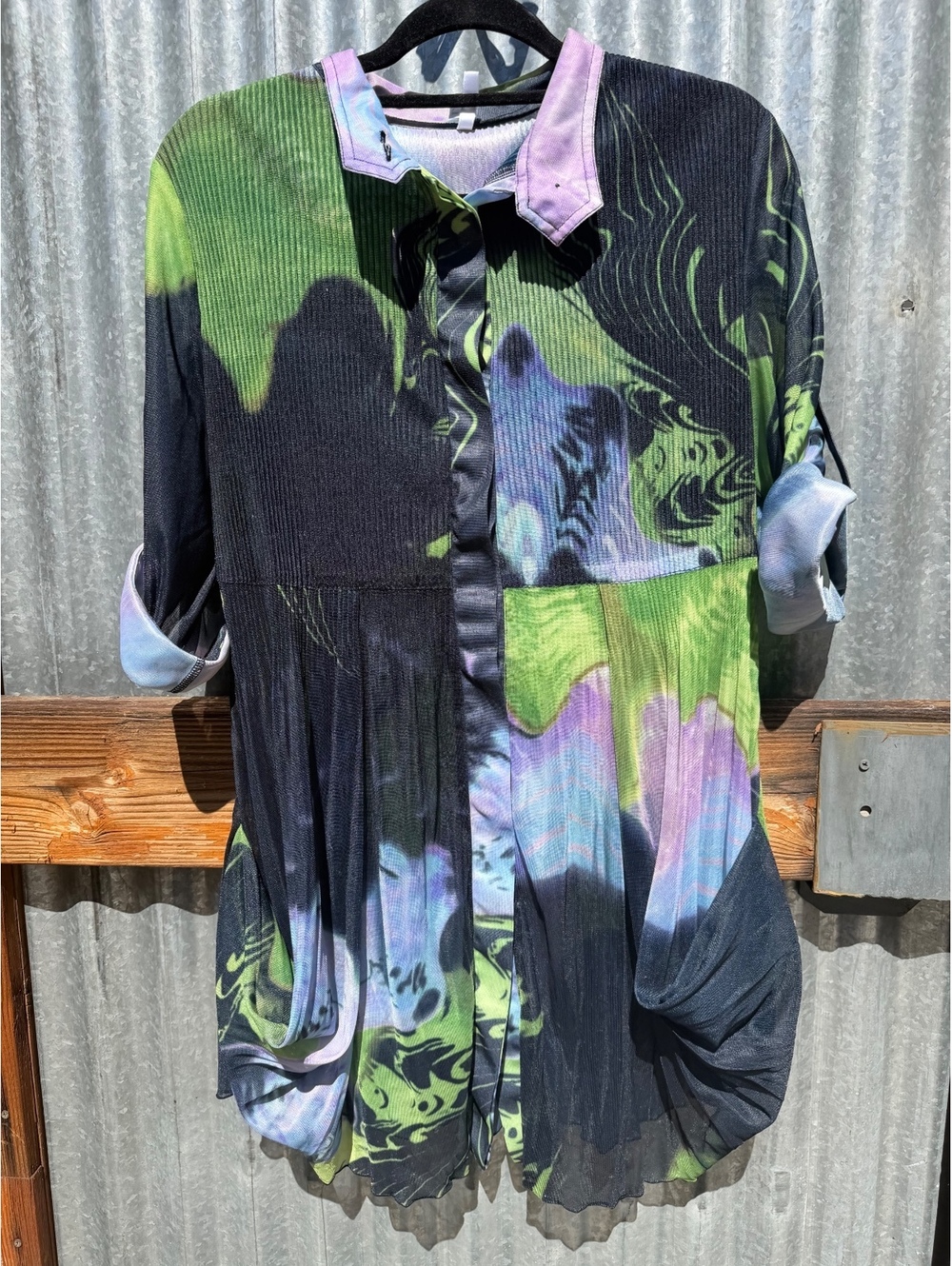 Vintage Y2K Lindi Mesh Accordion Pleat Button Down Tunic Top, Size L